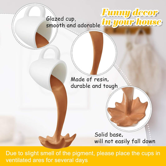 2 Pcs Floating Spilling Coffee Cup Magic Pouring Splash Coffee Mug Pouring Spilling Mugs Cafe Novelty Funny Cup Sculpture Art Decoration for Home Decor(Cream, Brown)
