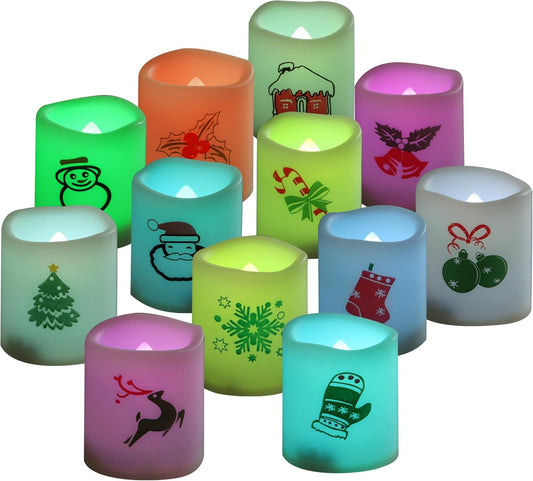 Christmas Color Changing Battery Operated Flameless Votive Candles Small Realistic Electric LED Votives with Christmas Theme Decals for Xmas Party Decorations Batteries Included 12 Pack