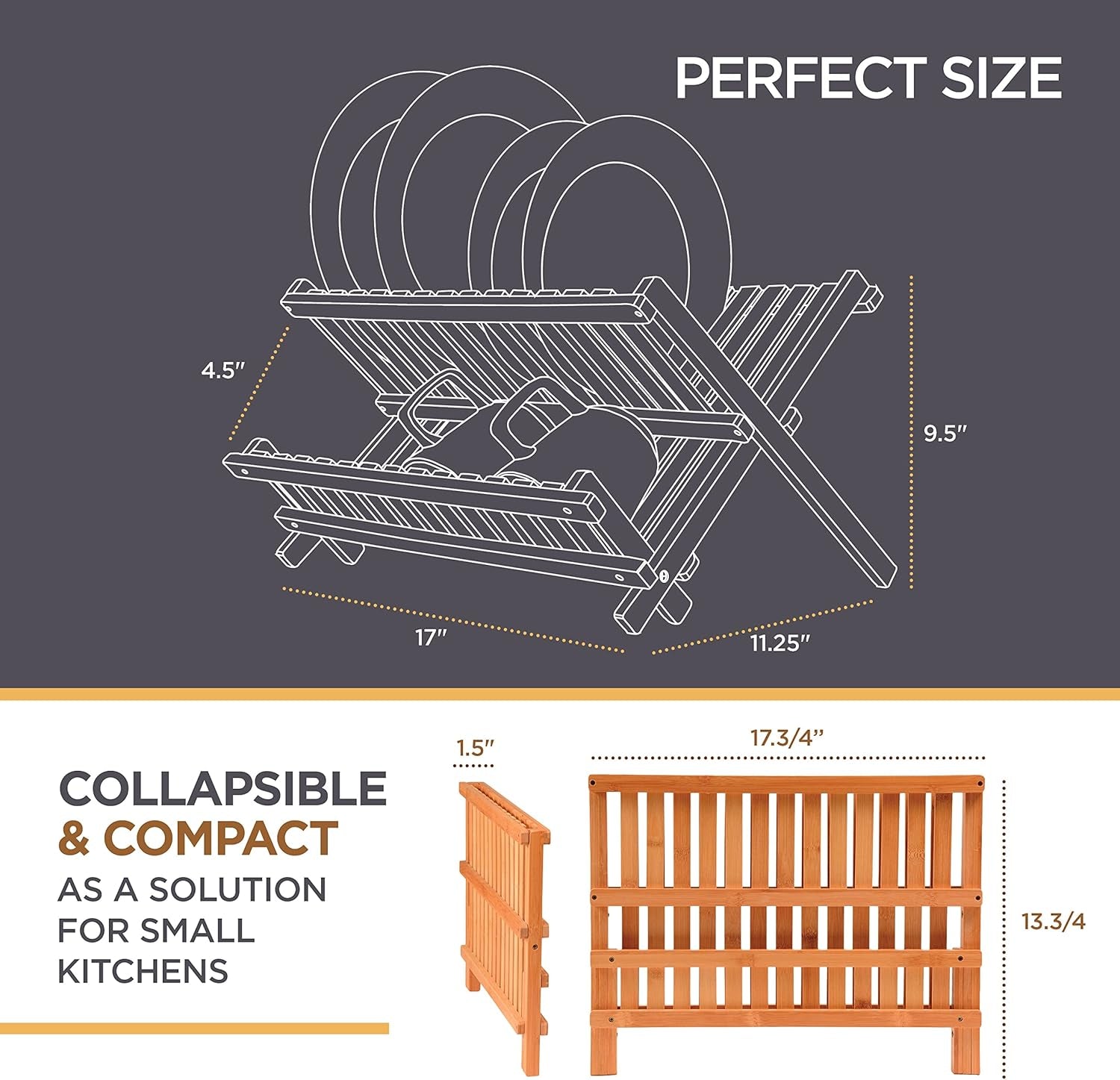 Dish Drying Rack - Collapsible Bamboo 2 Tier Foldable Wooden Dish Drainer for Countertop, Plates Cups Bowls Utensils, Eco Friendly Folding Bamboo Dish Rack for Kitchen Home Apartment RV - by Bambusi
