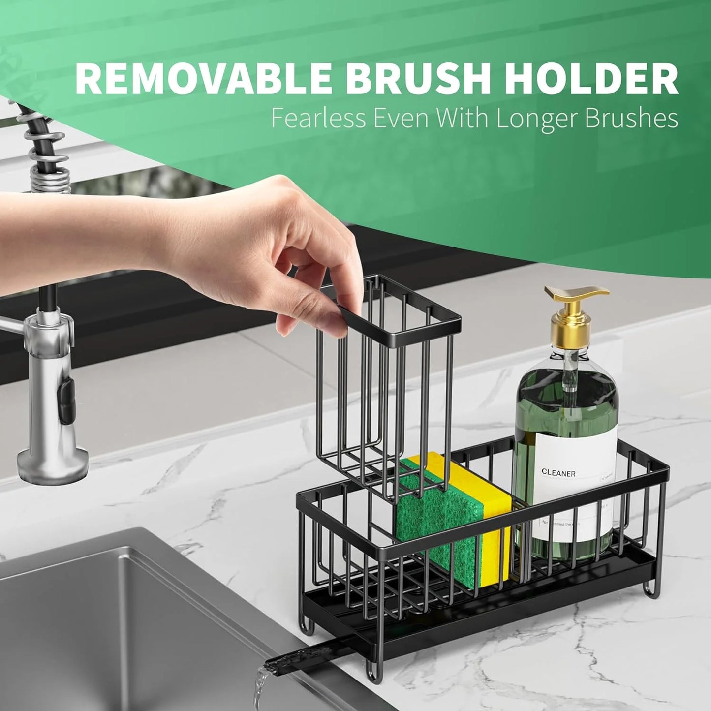 Dasaka Black Sink Caddy Organizer with Brush Holder and Soap Dispenser, Rustproof 304 Design for Kitchen Countertop Storage