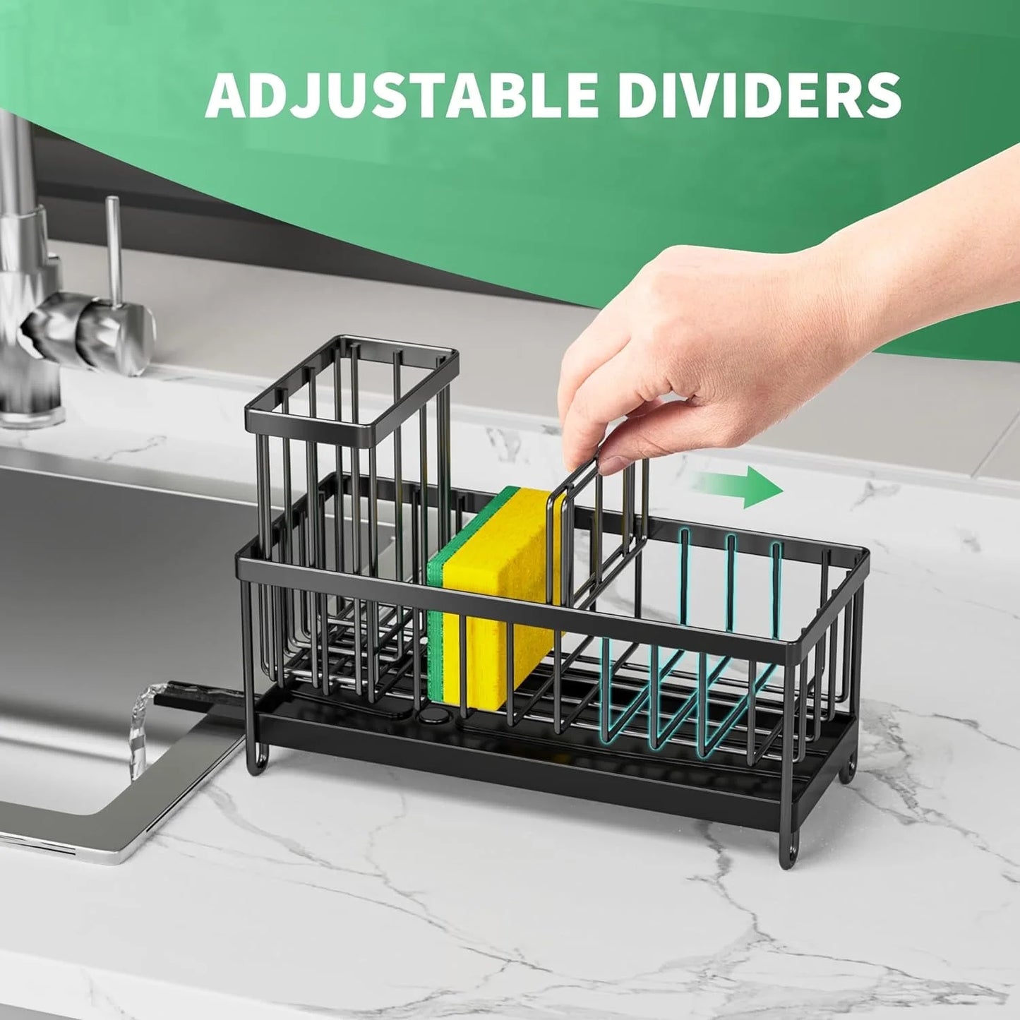 Dasaka Black Sink Caddy Organizer with Brush Holder and Soap Dispenser, Rustproof 304 Design for Kitchen Countertop Storage