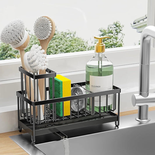 Dasaka Black Sink Caddy Organizer with Brush Holder and Soap Dispenser, Rustproof 304 Design for Kitchen Countertop Storage