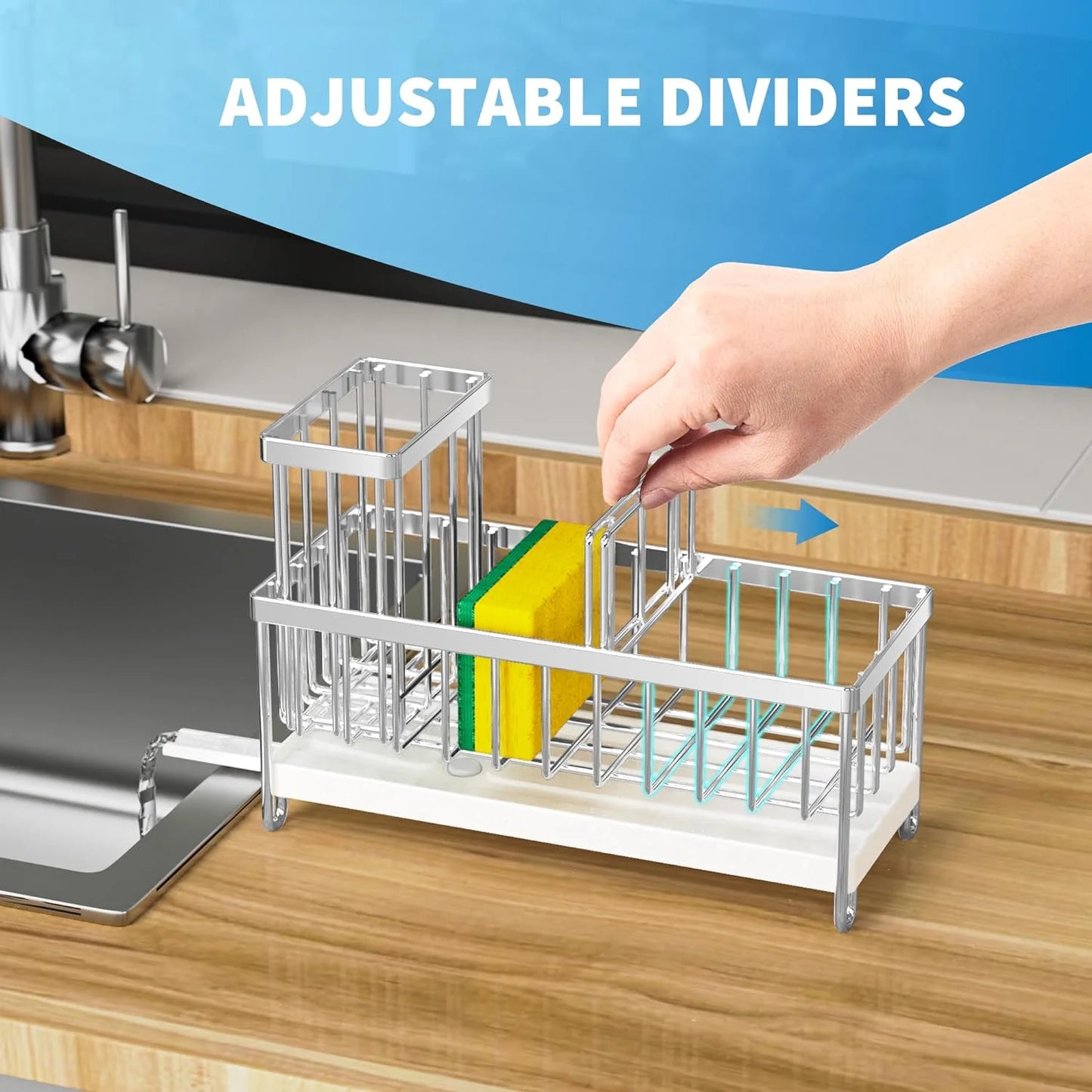 Cisily Stainless Steel Sink Caddy Organizer with Brush Holder and Soap Dispenser, Rustproof 304 Design for Kitchen Countertop Storage