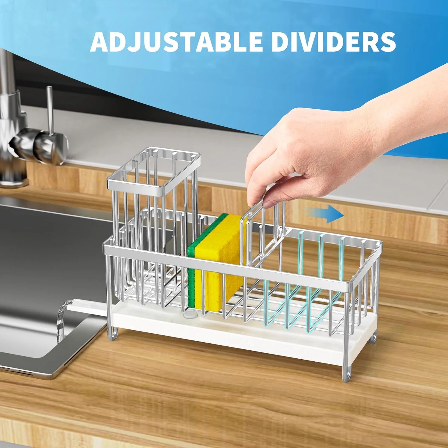 Cisily Stainless Steel Sink Caddy Organizer with Brush Holder and Soap Dispenser, Rustproof 304 Design for Kitchen Countertop Storage