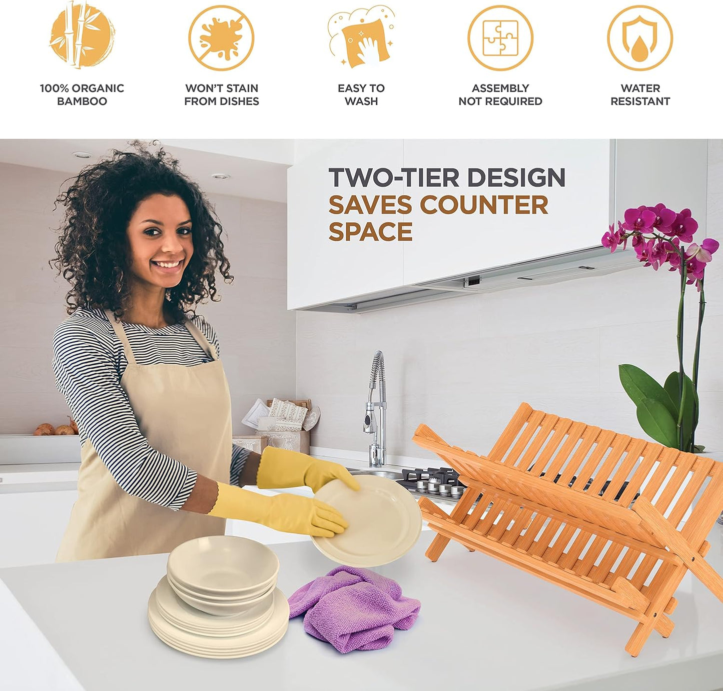 Dish Drying Rack - Collapsible Bamboo 2 Tier Foldable Wooden Dish Drainer for Countertop, Plates Cups Bowls Utensils, Eco Friendly Folding Bamboo Dish Rack for Kitchen Home Apartment RV - by Bambusi