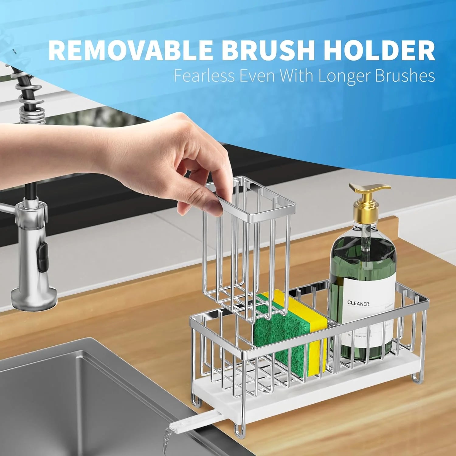 Cisily Stainless Steel Sink Caddy Organizer with Brush Holder and Soap Dispenser, Rustproof 304 Design for Kitchen Countertop Storage