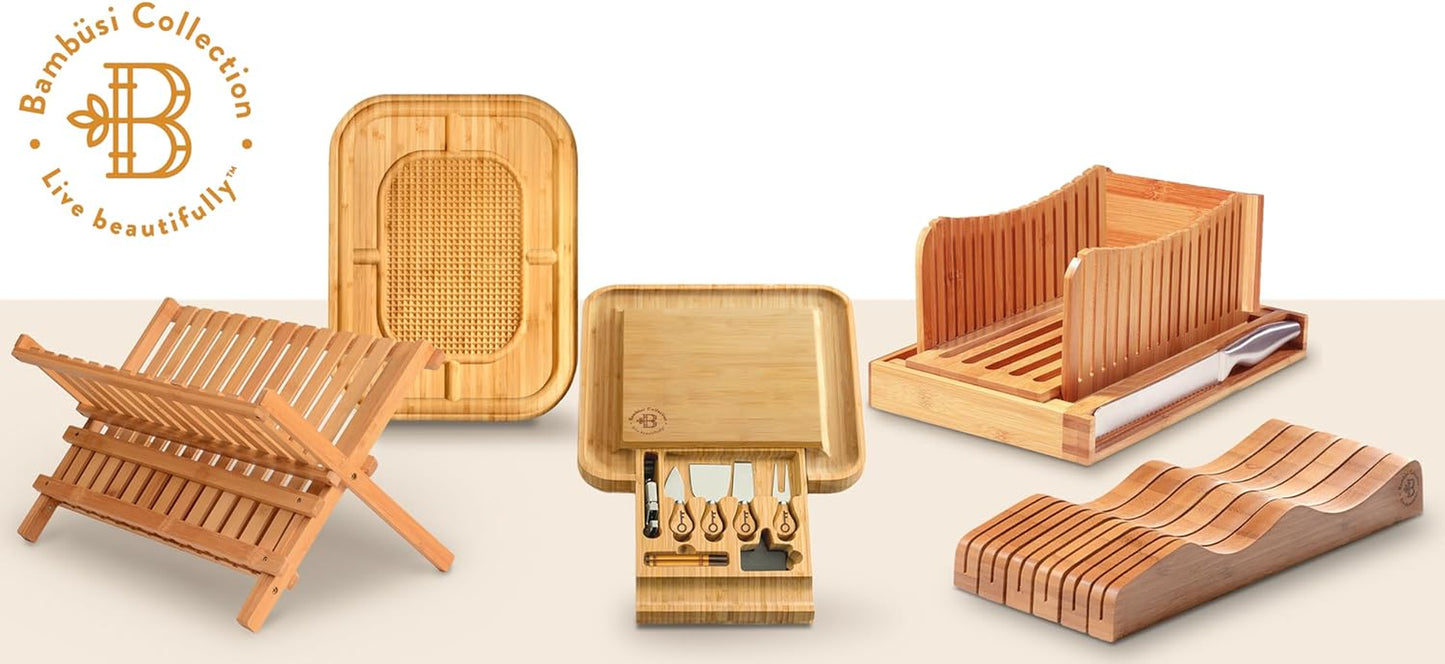 Dish Drying Rack - Collapsible Bamboo 2 Tier Foldable Wooden Dish Drainer for Countertop, Plates Cups Bowls Utensils, Eco Friendly Folding Bamboo Dish Rack for Kitchen Home Apartment RV - by Bambusi
