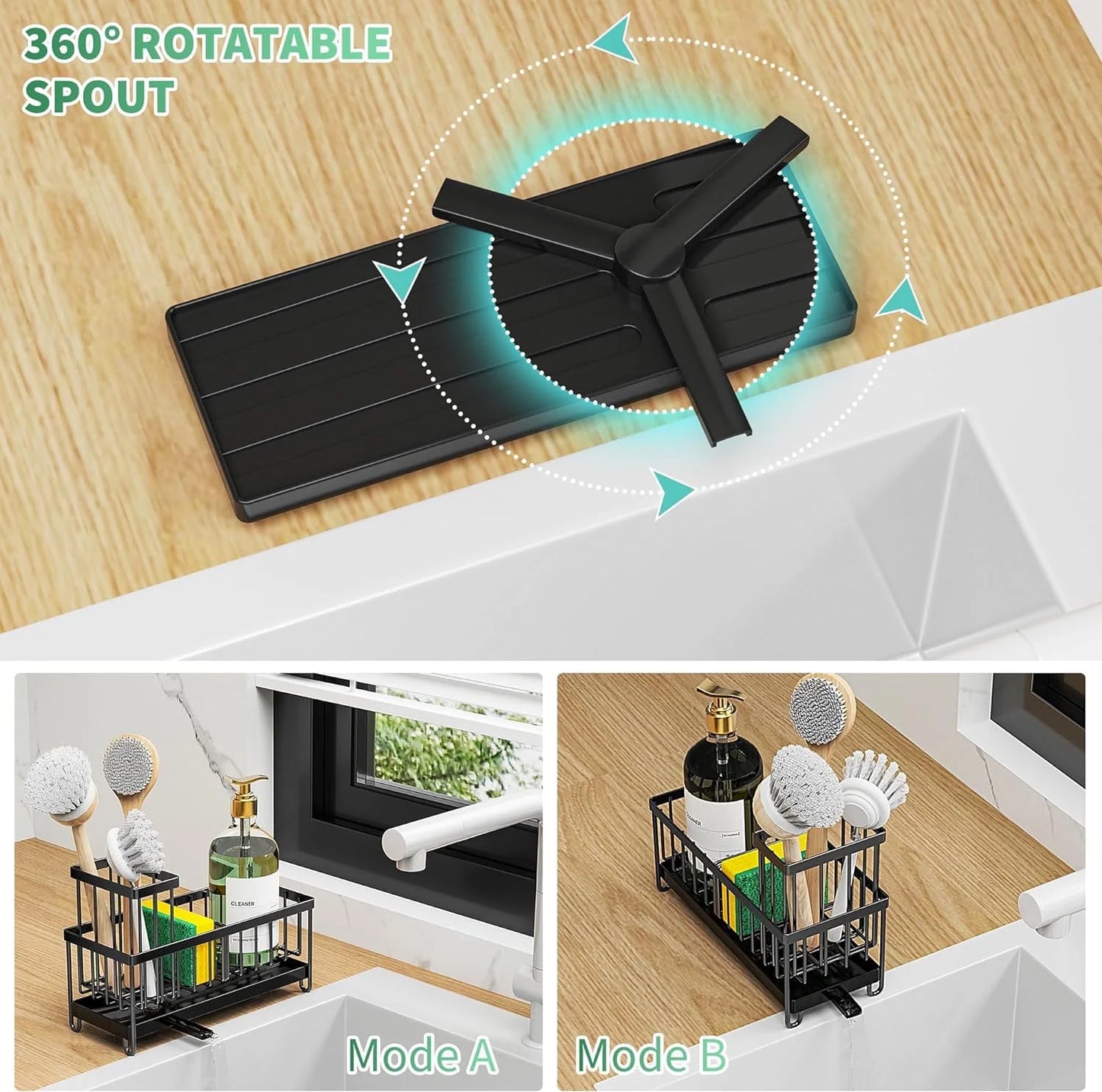 Dasaka Black Sink Caddy Organizer with Brush Holder and Soap Dispenser, Rustproof 304 Design for Kitchen Countertop Storage