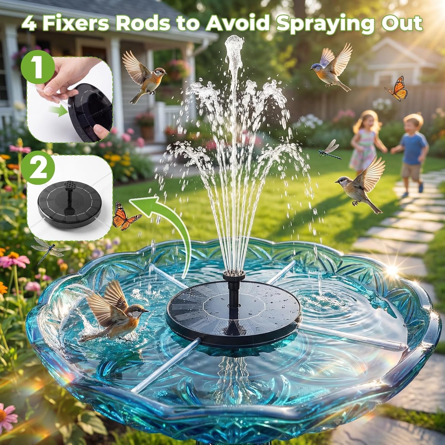 Solar Bird Bath Fountain with 6 Nozzles, Solar Powered Floating Water Fountain Pump for Bird Bath, Pond, Pool, Garden, Fish Tank and Outdoor