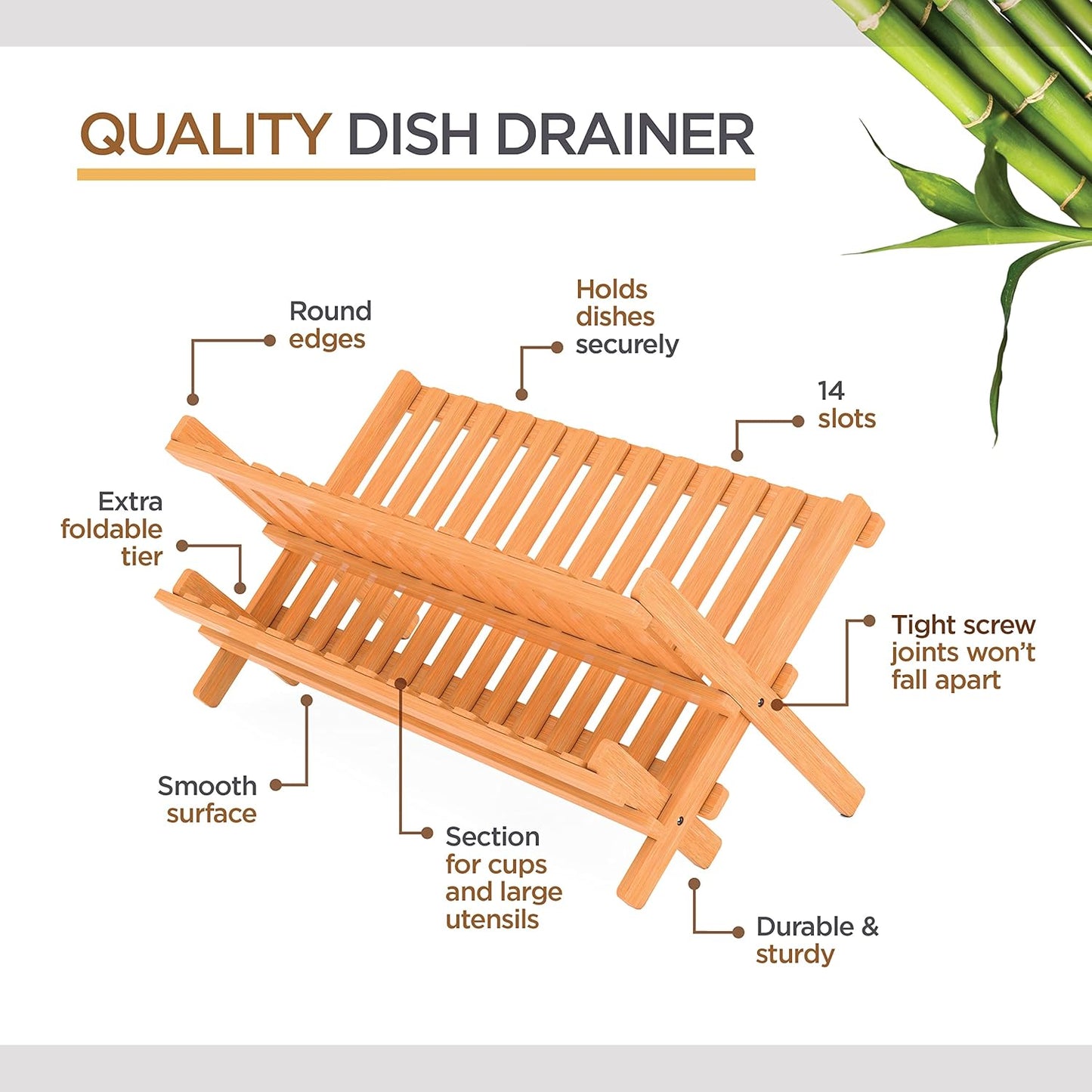 Dish Drying Rack - Collapsible Bamboo 2 Tier Foldable Wooden Dish Drainer for Countertop, Plates Cups Bowls Utensils, Eco Friendly Folding Bamboo Dish Rack for Kitchen Home Apartment RV - by Bambusi