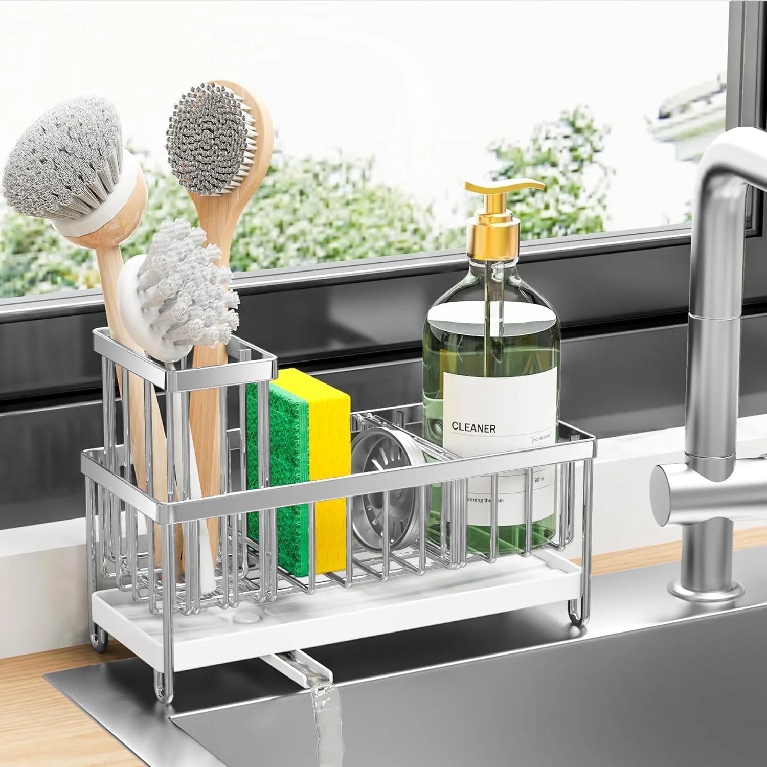 Cisily Stainless Steel Sink Caddy Organizer with Brush Holder and Soap Dispenser, Rustproof 304 Design for Kitchen Countertop Storage