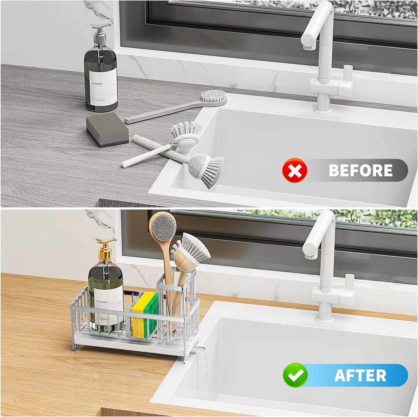 Cisily Stainless Steel Sink Caddy Organizer with Brush Holder and Soap Dispenser, Rustproof 304 Design for Kitchen Countertop Storage