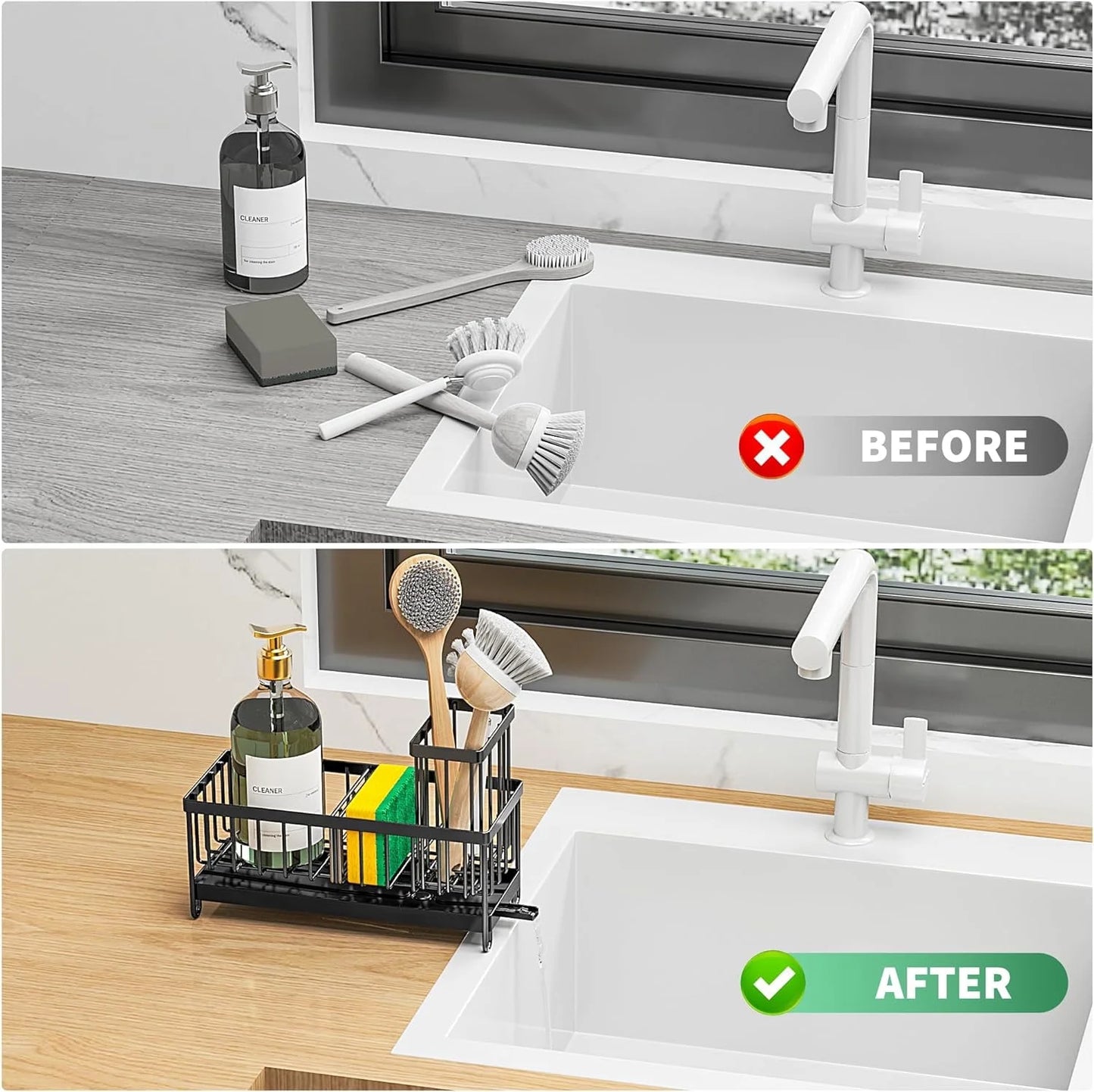 Dasaka Black Sink Caddy Organizer with Brush Holder and Soap Dispenser, Rustproof 304 Design for Kitchen Countertop Storage