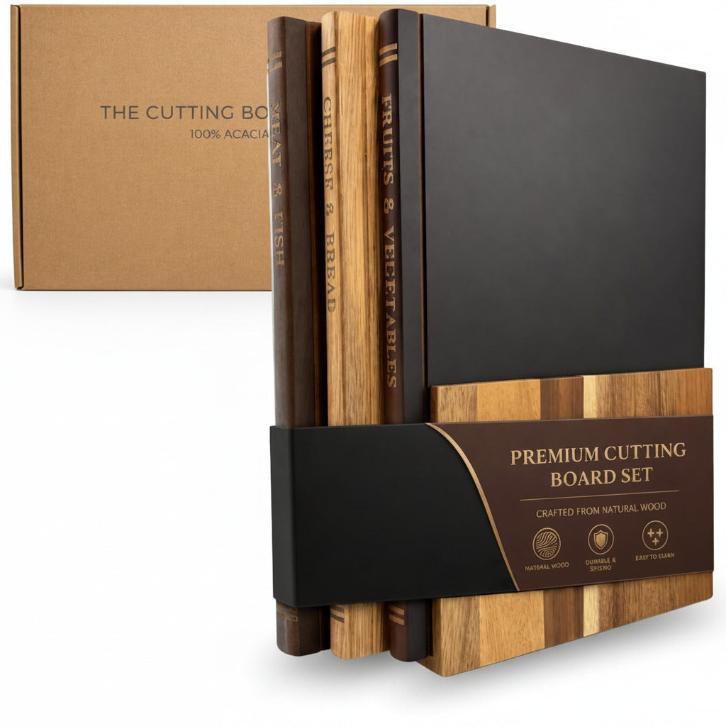 The Cutting Board Library™ (Original Design) | Decorative Kitchen Board Collection Bundle with Display Stand | Premium Acacia Wood | Stabilized Non-Slip Base