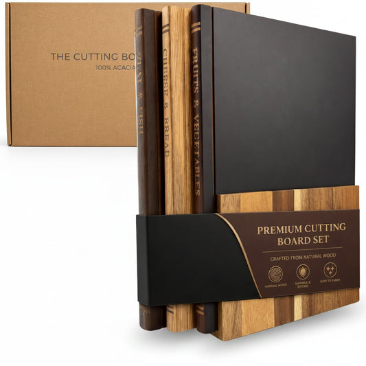 The Cutting Board Library™ (Original Design) | Decorative Kitchen Board Collection Bundle with Display Stand | Premium Acacia Wood | Stabilized Non-Slip Base