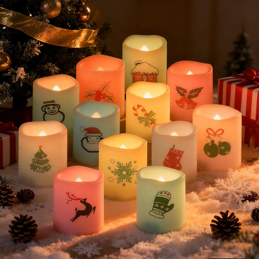 Christmas Color Changing Battery Operated Flameless Votive Candles Small Realistic Electric LED Votives with Christmas Theme Decals for Xmas Party Decorations Batteries Included 12 Pack